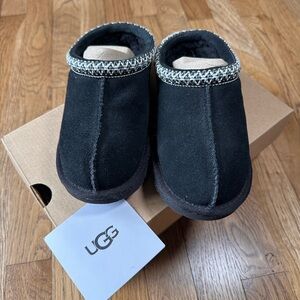 UGG Kids Black Suede Slip-On Shearling Mules with Braided Collar